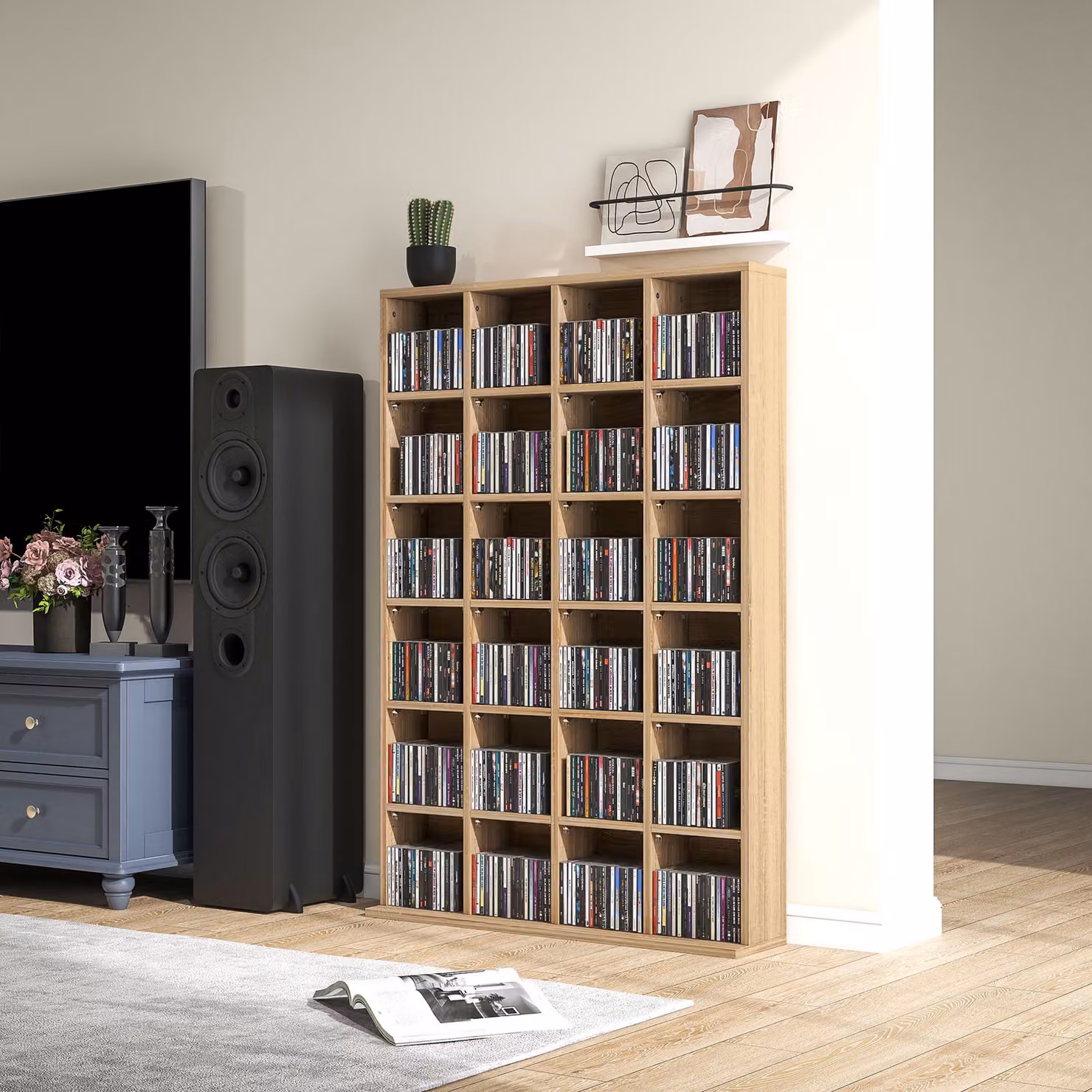 HOMCOM Modern Brown Wood CD Storage Unit with Adjustable Shelves and Media Compartments, W: 89 cm, H: 130.5 cm – 7