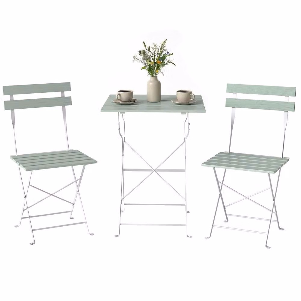 OUTSUNNY Outdoor Folding Bistro Set for 2 Adults in White and Green with Acacia Wood and Metal – 2