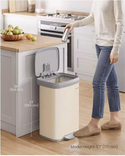 SONGMICS 50L Metal Pedal Kitchen Bin with Lid and Odour Filter in Beige, H: 40.4 x W: 38.0 x D: 58.5 cm
