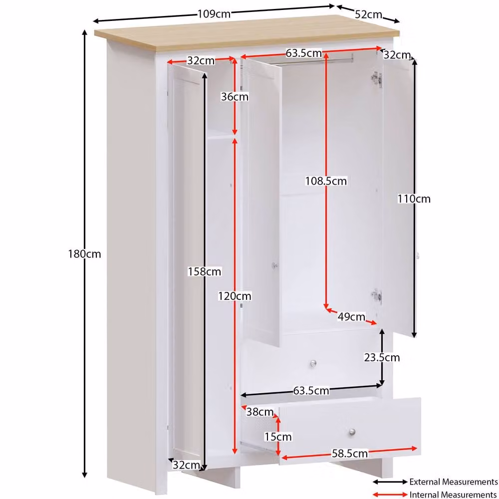 HD Designs Arlington 3 Door 2 Drawer Wardrobe in White, W/D/H: 180 x 109 x 52 cm – 2