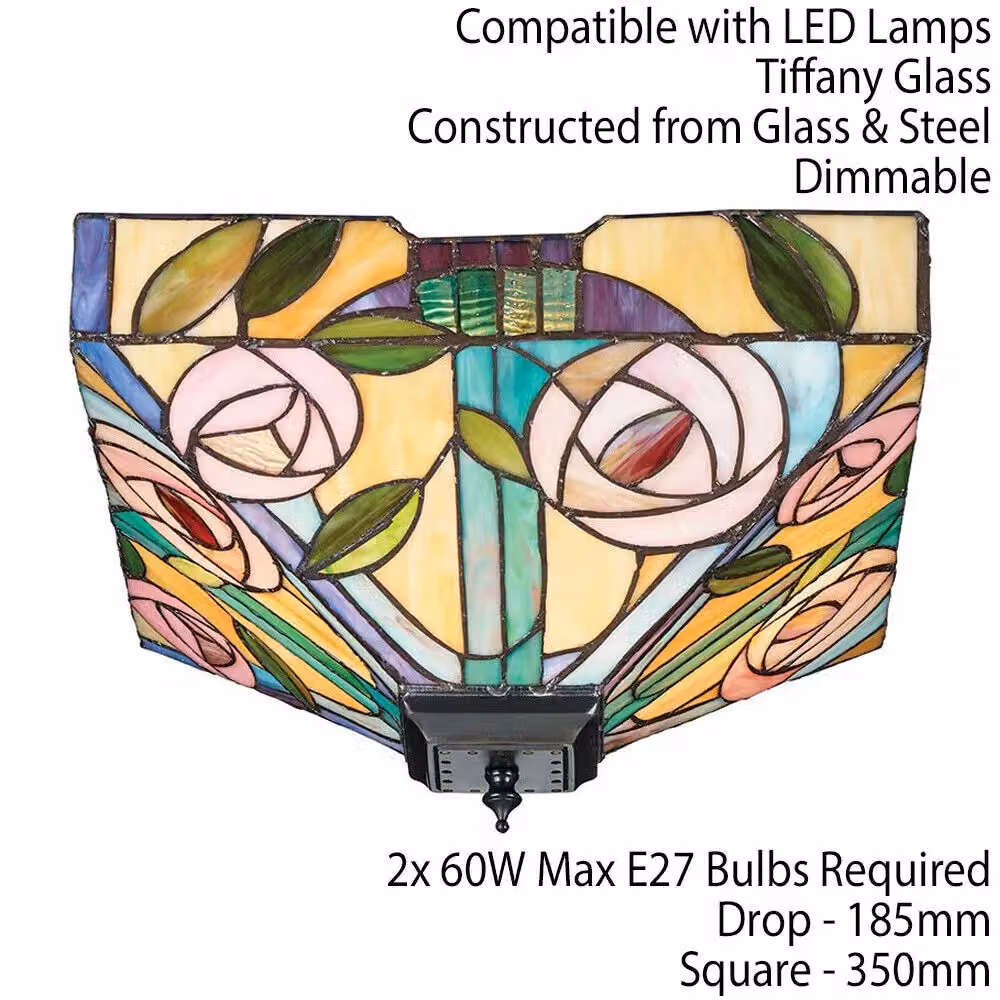 Loops Tiffany Glass Semi Flush Ceiling Light with Pink Rose Inverted Square Shade in Pink and Clear – 2