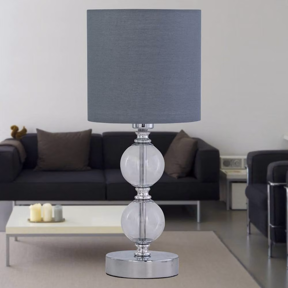 First Choice Lighting Set of 2 Chrome Two Ball Table Lamps with Grey Fabric Shades – 3