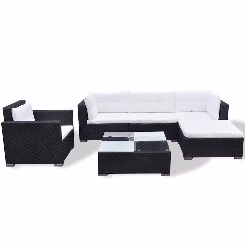 Berkfield Home Modern 6 Piece L-Shape Garden Lounge Set with Cushions in Black Poly Rattan – 3