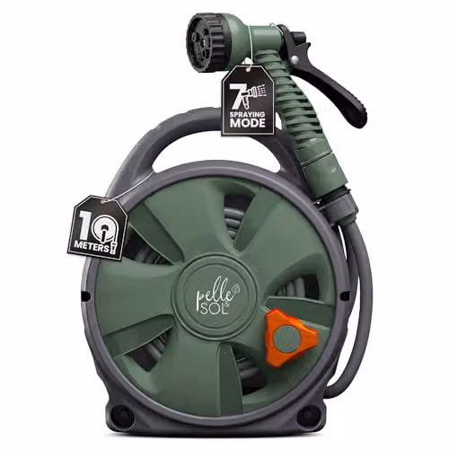 Pelle & Sol Green Wall Mounted Garden Hose Reel with 10m Kink Resistant Hose and 7 Mode Spray Gun