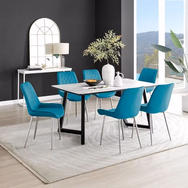 FurnitureboxUK Carson White Marble Effect Dining Table and 6 Pesaro Silver Chairs in Blue