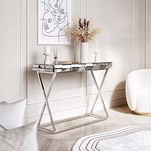 CARME HOME Knightsbridge Silver Mirrored Console Table with Grey Glass Top and Chrome X-Frame Legs, W/D/H: 110 x 40 x 78 cm