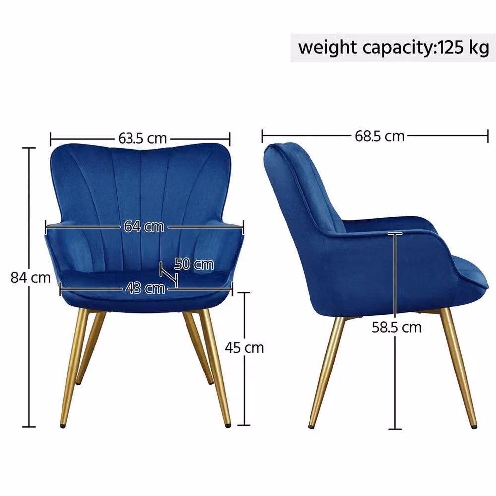 KORVIXA Blue Velvet Modern Tub Accent Chair with Gold Metal Armrests W/D/H: 100 x 100 x 100 cm – 2