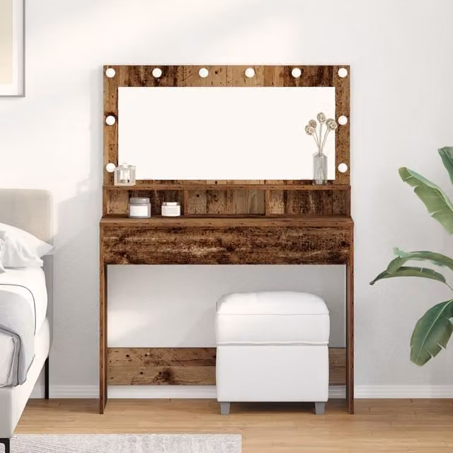 Berkfield Home Vintage Wood Dressing Table with Hollywood LED Lights in Brown, W/D/H: 100 x 41 x 135 cm