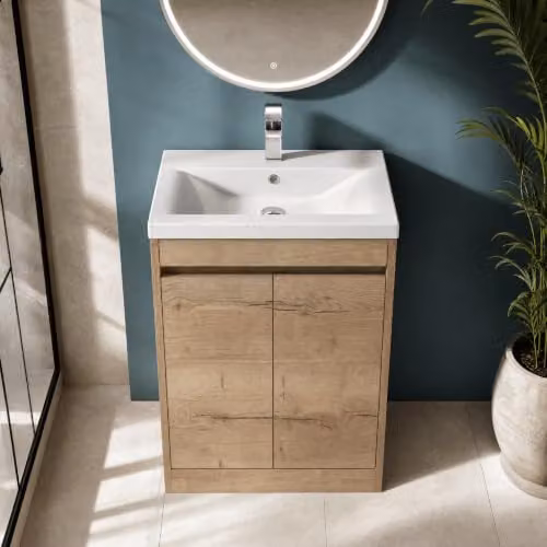 Balterley 2 Door Freestanding Bathroom Vanity Unit with Mid Edge Basin, Autumn Oak Brown, W/D/H: 62 x 39.5 x 83.5 cm – 4