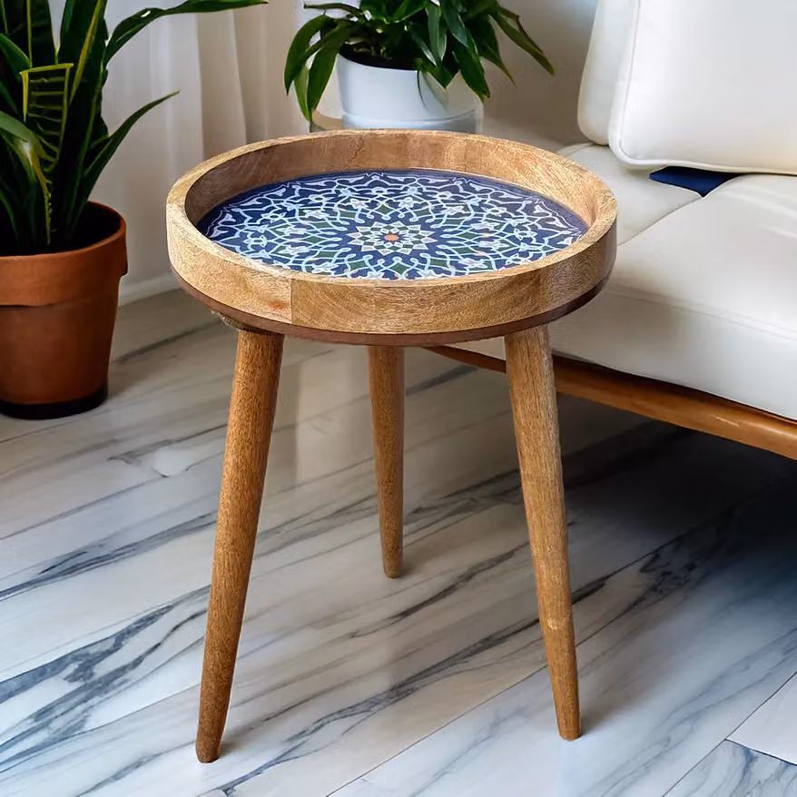 Hartsmede Marrakesh Round Mango Wood Side Table with Blue Glossy Enamel Top, W/D/H: 38 x 38 x 45.72 cm – 9