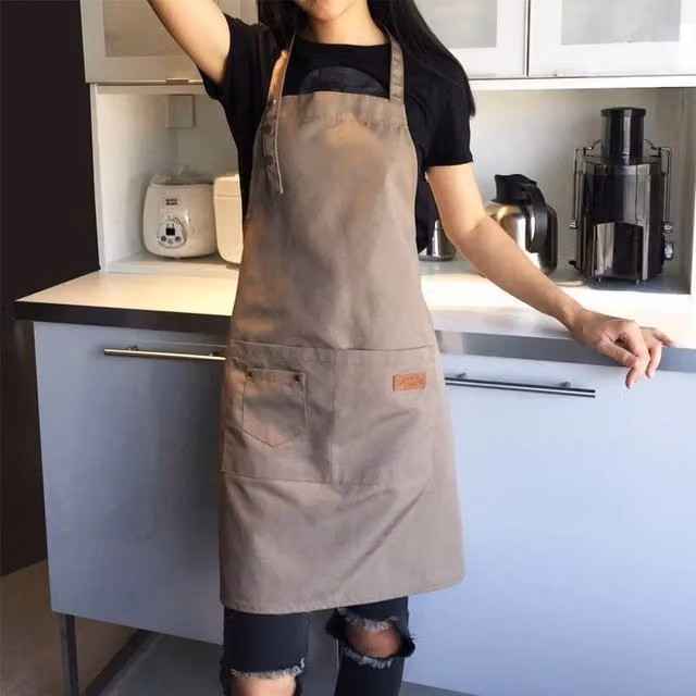NESTLUNE Beige Denim Canvas Kitchen BBQ Apron with Pockets, W 100 cm x H 60 cm – 1