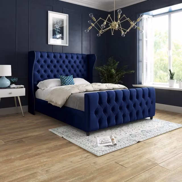 Dozer Blue Soft Velvet Upholstered King Size Bed Frame W/D/H: 180 x 200 cm