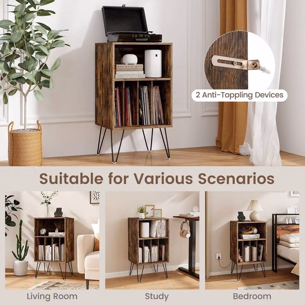 Costway 3-Tier Industrial Record Player Stand and Vinyl Storage Table in Brown – 5