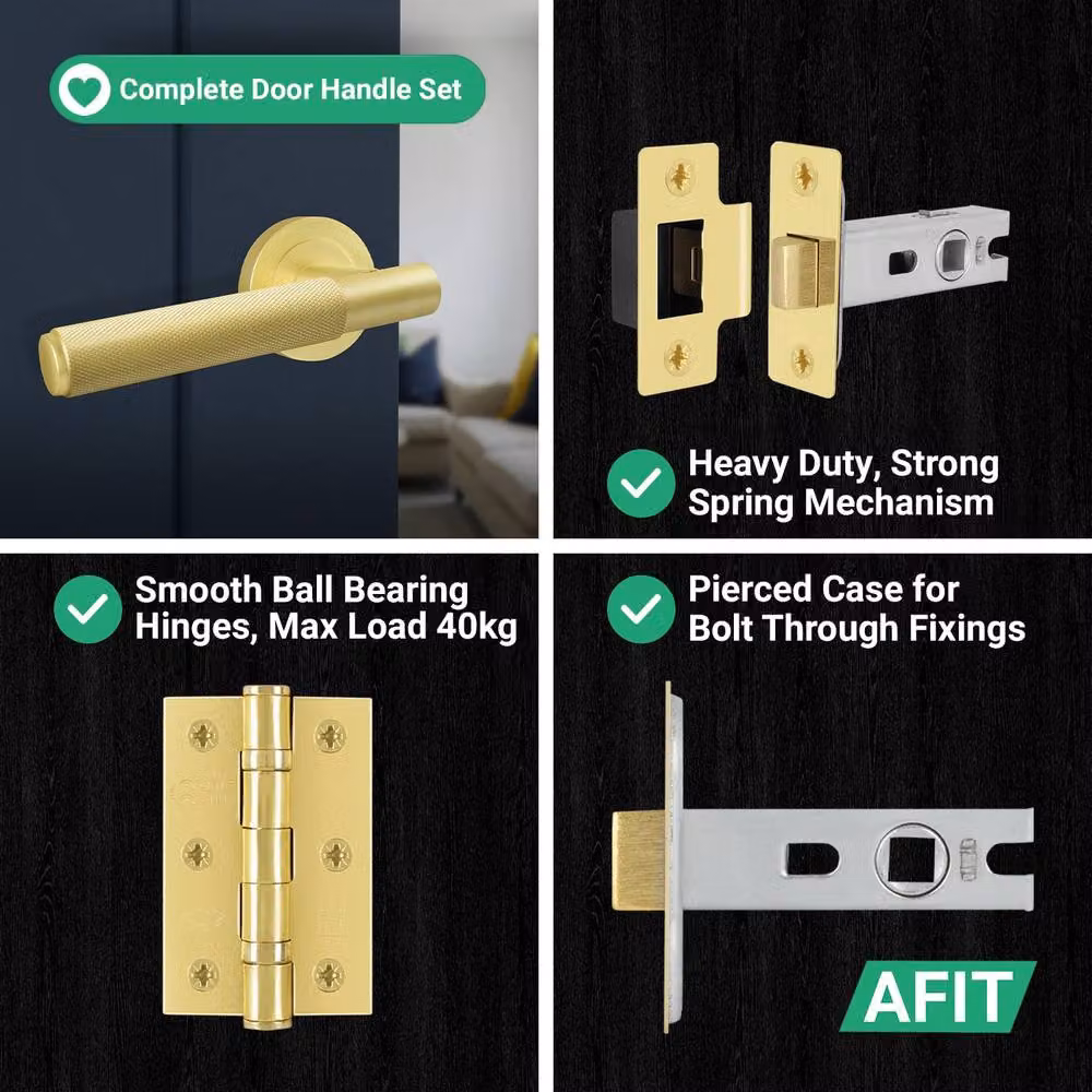 AFIT Satin Brass Knurled Door Handles and Rosette Latch Kit with Hinges in Gold, 5 Pairs – 6