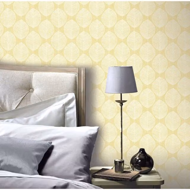 Arthouse Scandi Leaf Outline Geometric Nature Wallpaper in Yellow, White and Grey