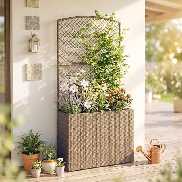 Outsunny Rattan Garden Planter with Trellis and Liner in Light Grey