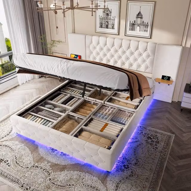 Matteo Modern Upholstered Velvet Bed Frame in Beige with LED Lighting, USB Charging Port and Lift-Up Storage, W: 140 cm, L: 200 cm