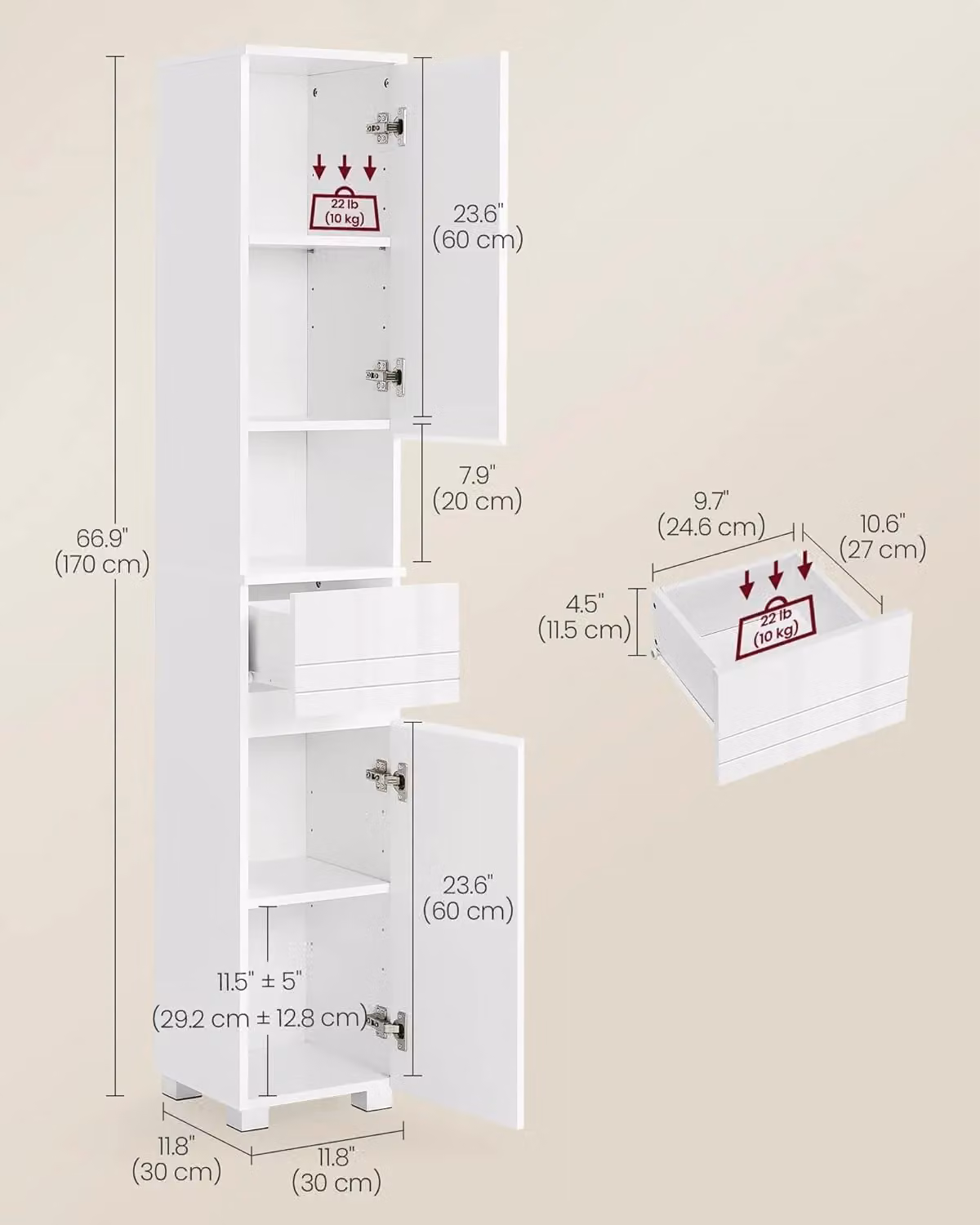 VASAGLE Tall Narrow White Bathroom Cabinet with Shelves and Drawers, H 170 x W 30 cm – 2