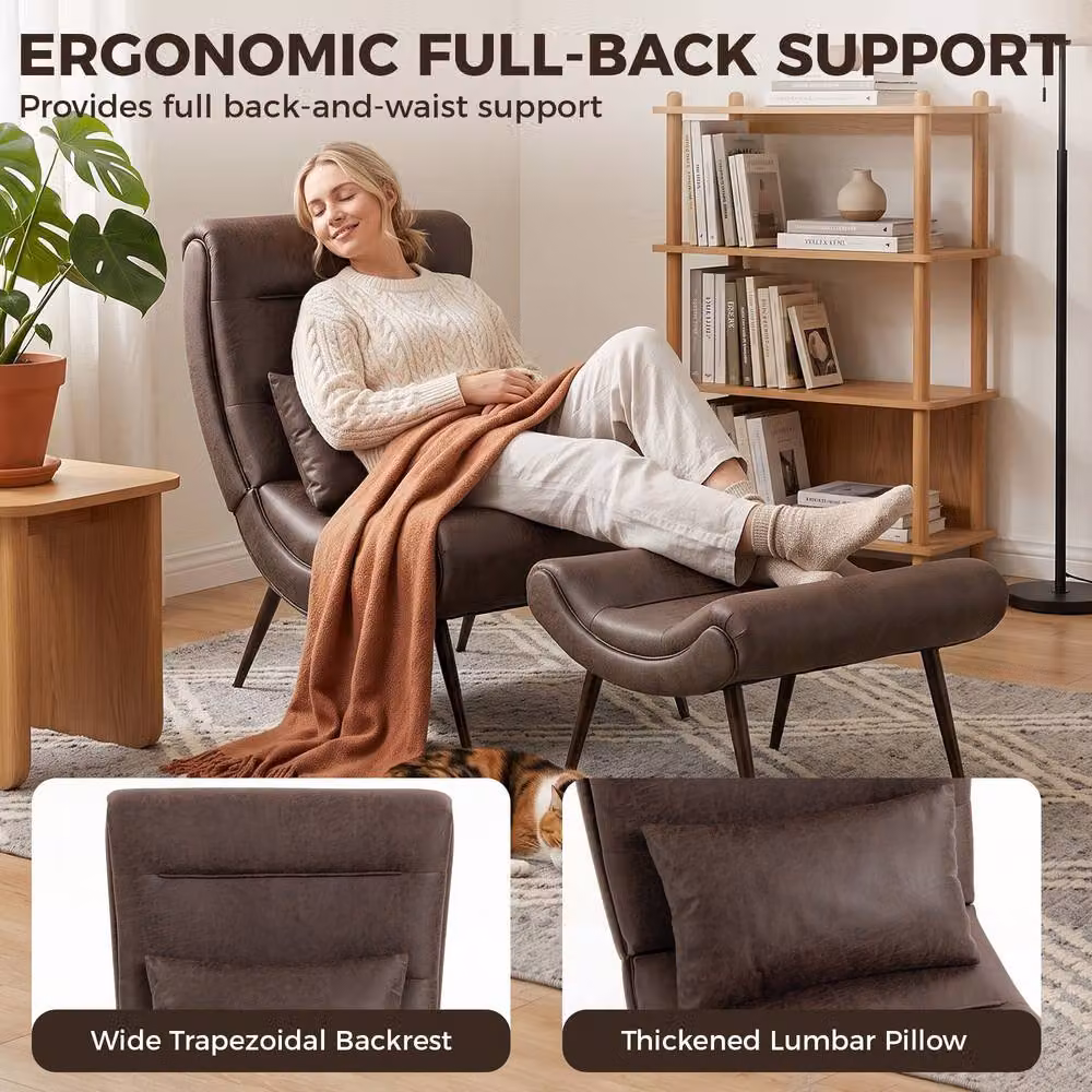 HOMCOM Modern Brown Synthetic Leather Accent Chair with Ottoman and Lumbar Pillow, Seat Width: 64 cm – 4