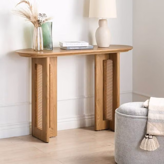 Wyld and Coco Console Table in Brown MDF with Rattan Base, W/D/H: 120 x 3 x 80 cm – 1