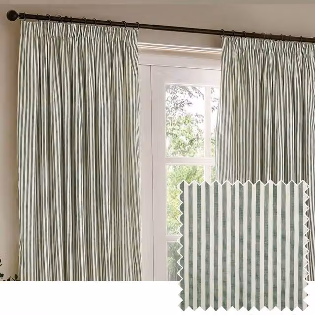 Yard Hebden Striped 100% Cotton Lined Pencil Pleat Curtain Pair in Bottle Green, Width: 229 cm, Drop: 229 cm