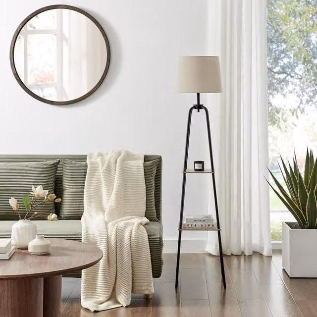 Furniturebox UK Kessia Black Standing Floor Lamp with Shelves and Beige Fabric Shade