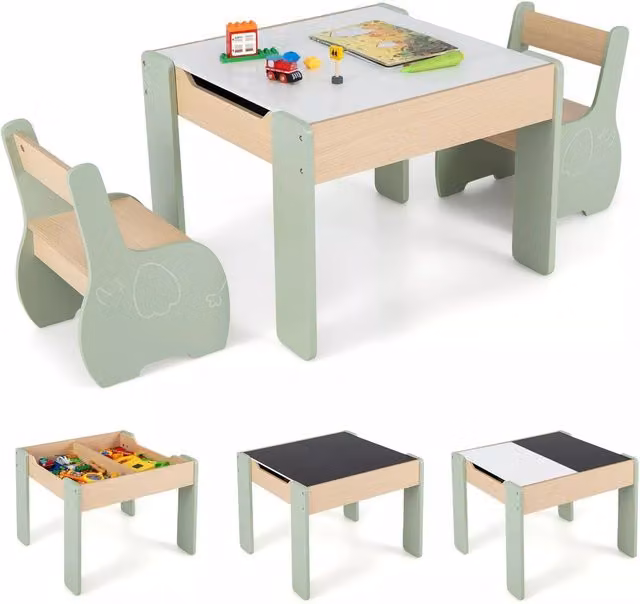 Costway Wooden Activity Desk and 2 Chairs Set with Reversible Blackboard in Green – 1