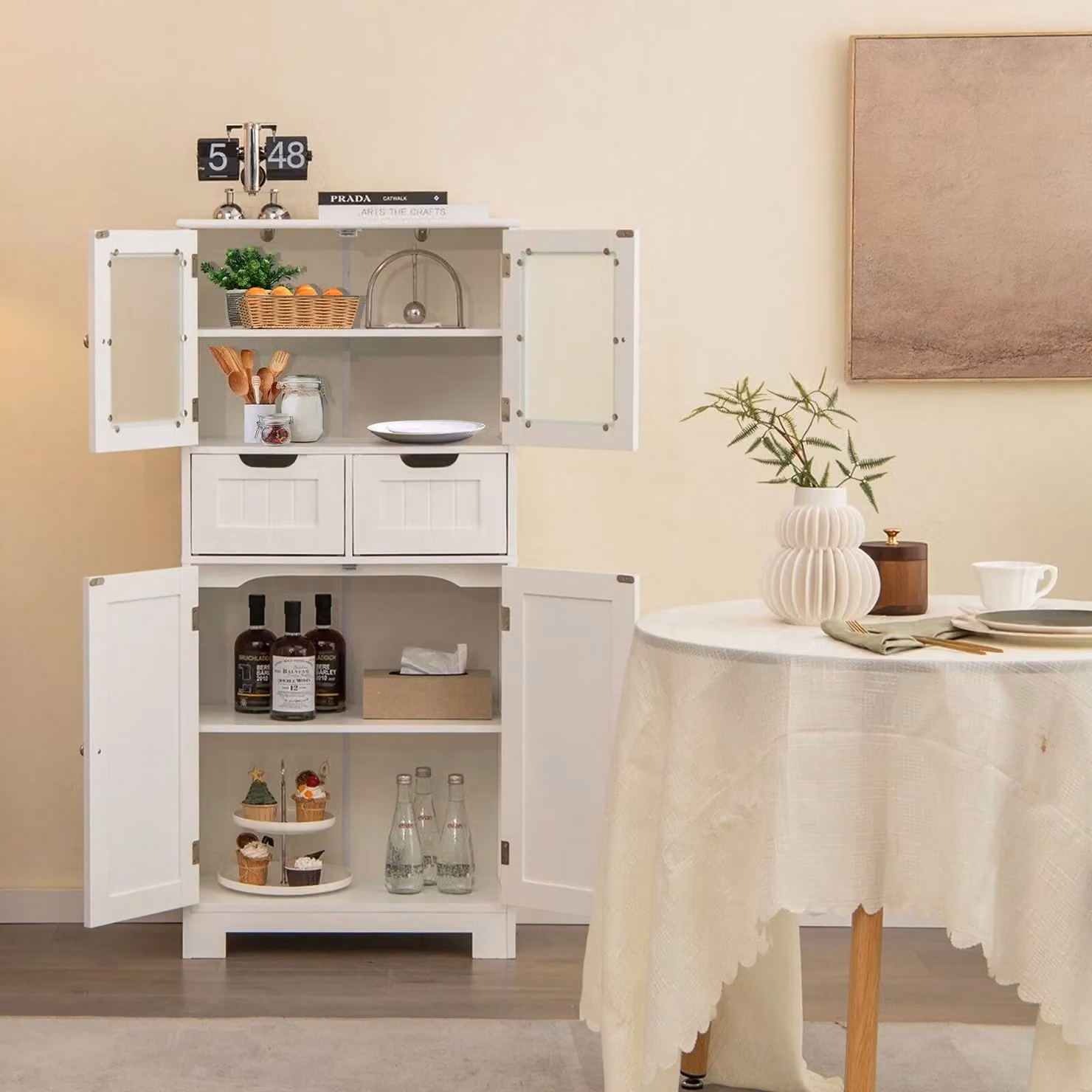 Gymax Tall White Matt Bathroom Cabinet with Double Hinged Doors and 2 Internal Drawers – 2