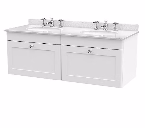 nuie Classique Wall Hung 2 Drawer Unit with 3 Tap Hole Double Marble Top and Round Basin, Satin White, W: 122.0 cm, D: 47.0 cm, H: 50.9 cm