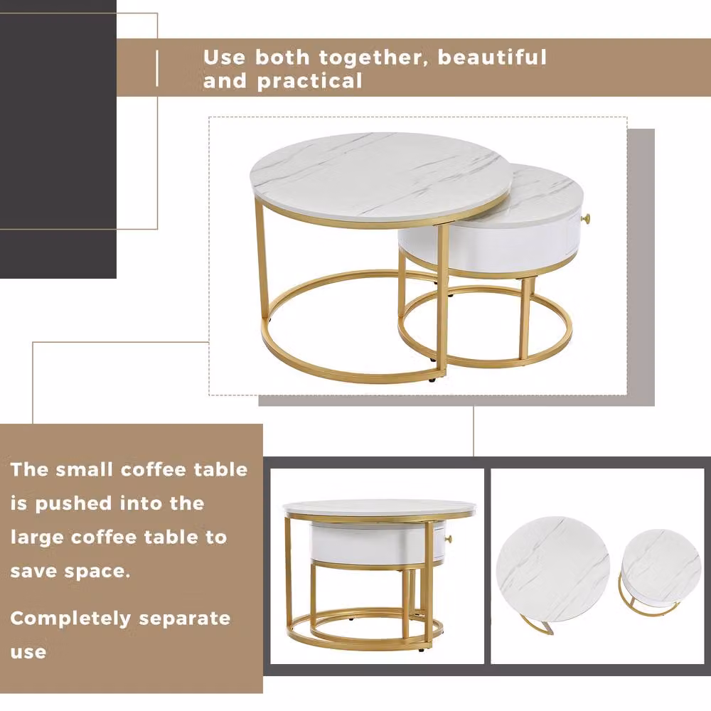 STILVORA Set of 2 White Nesting Coffee Tables with Drawer and Shelves – 6