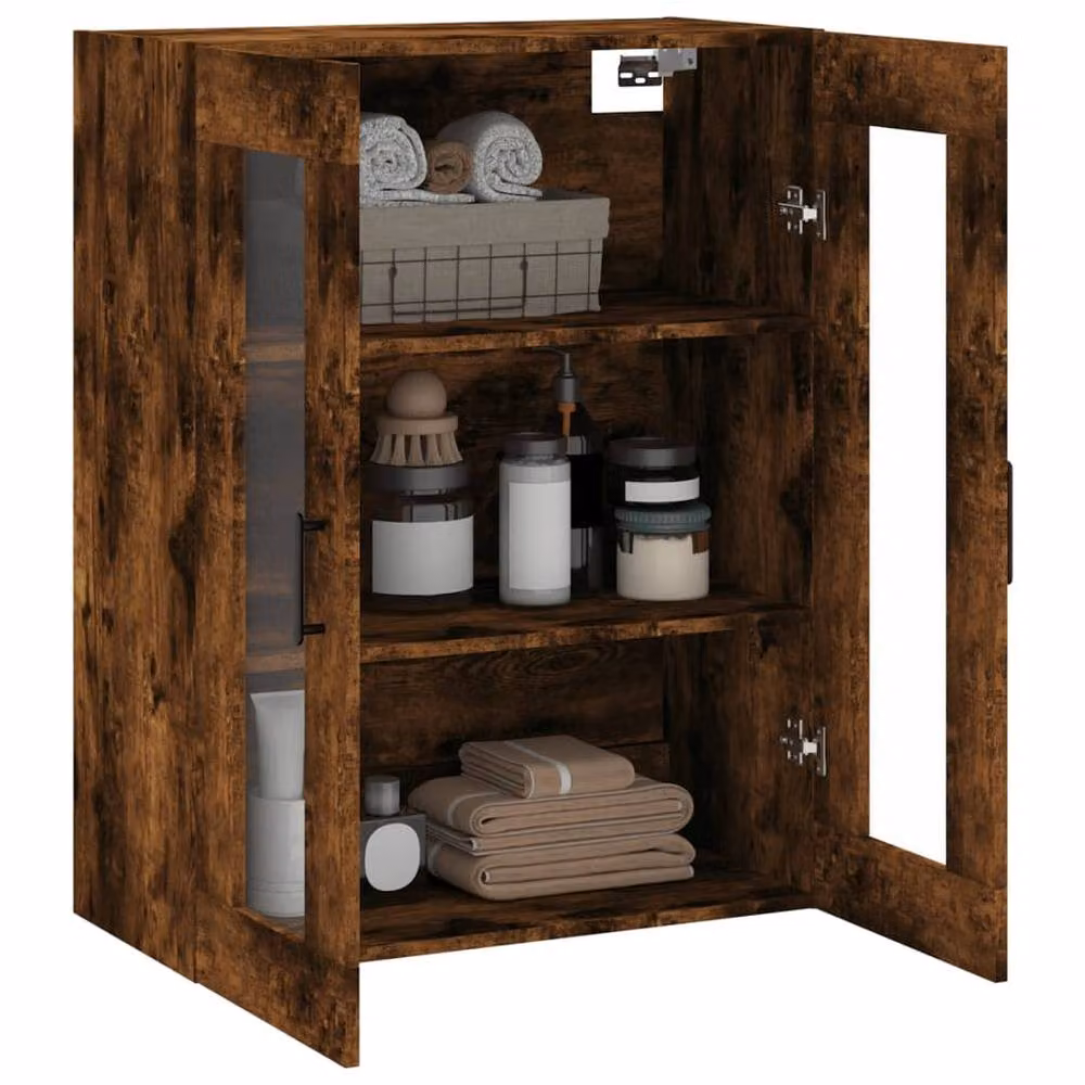 Berkfield Home Wall Mounted Smoked Oak Cabinet with Glass Doors in Brown, W/D/H: 69.5 x 34 x 90 cm – 5