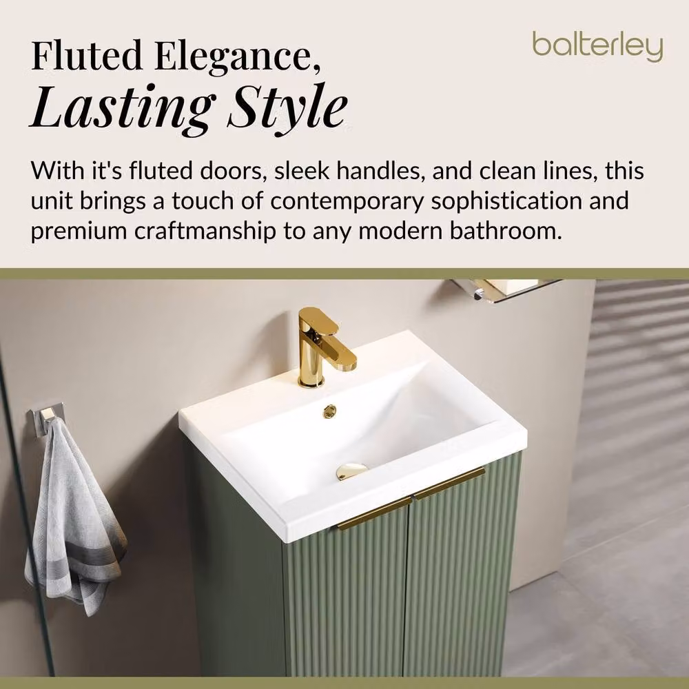 Balterley Satin Green Fluted Floor Standing Bathroom Vanity with Brushed Brass Details, W: 50 cm, H: 85 cm – 3