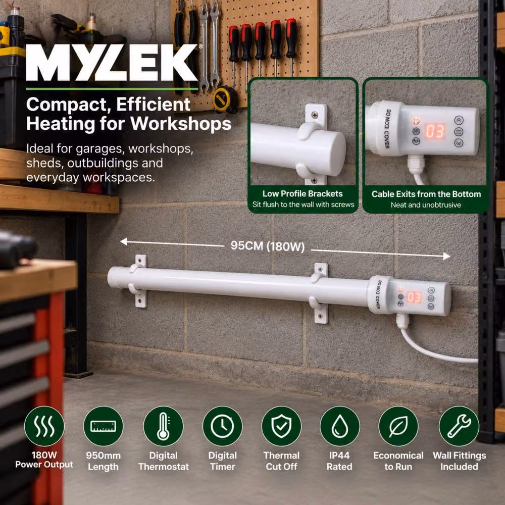 MYLEK 180W White Wall Mounted Infrared Tubular Heater with Digital Timer and Frost Protection – 8