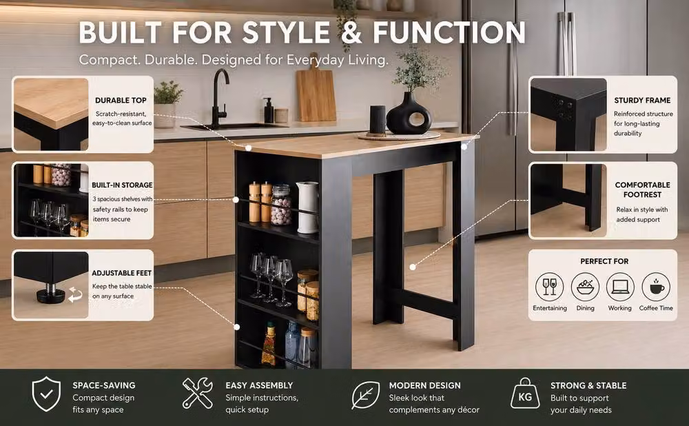 SPOT ON DEALZ Black Kitchen Island Bar Table with Wine Rack and Storage Shelves, H 105 cm x W 100 cm x D 60 cm – 4