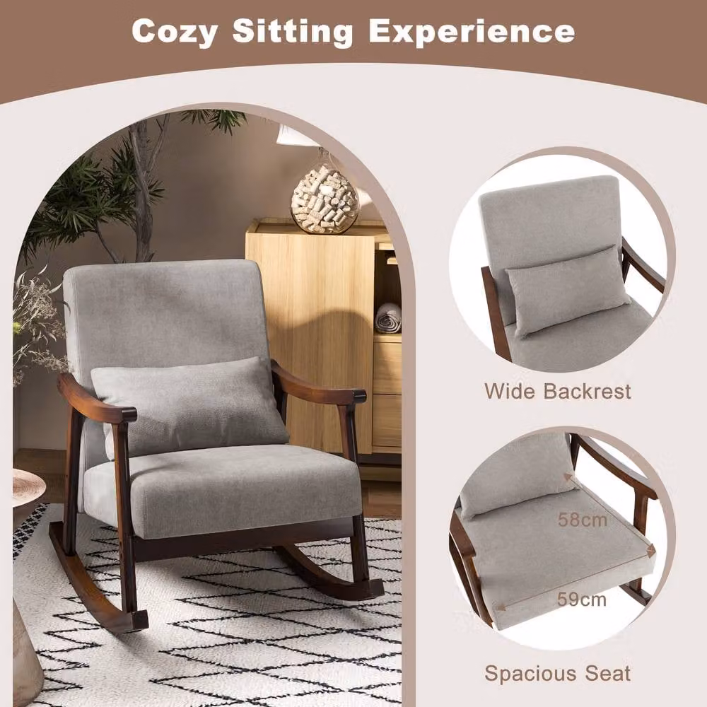 Gymax Ergonomic Grey Fabric Rocking Accent Chair with Pillow and Solid Rubberwood Frame – 6