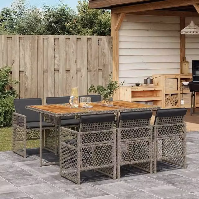 Berkfield Home 7 Piece Grey Poly Rattan Garden Dining Set with Acacia Wood Table and Cushions – 1