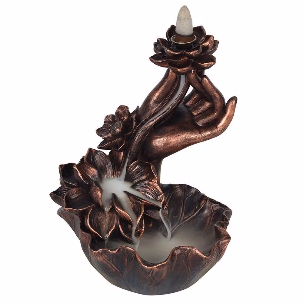 Something Different Hand With Flower Backflow Incense Burner in Brown and Bronze, H 18.0 cm x W 14.0 cm x D 13.0 cm – 2
