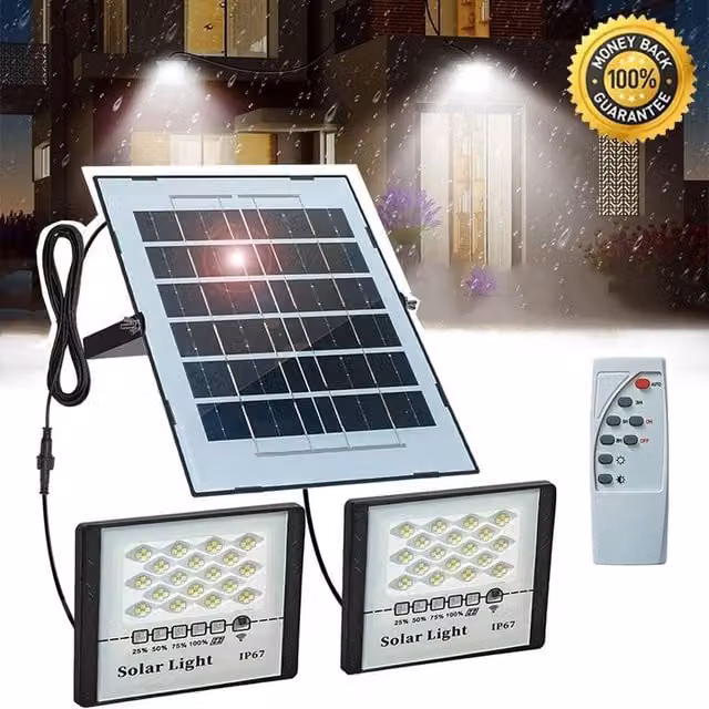 NESTLUNE 400W Solar LED Double Floodlight with Dusk Sensor in Black – 1
