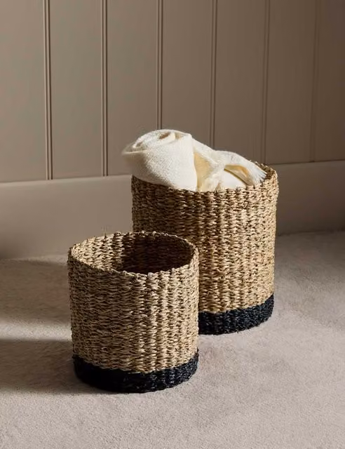 M&S Set of 2 Open Weave Raffia and Seagrass Contrast Baskets in Beige and Sand