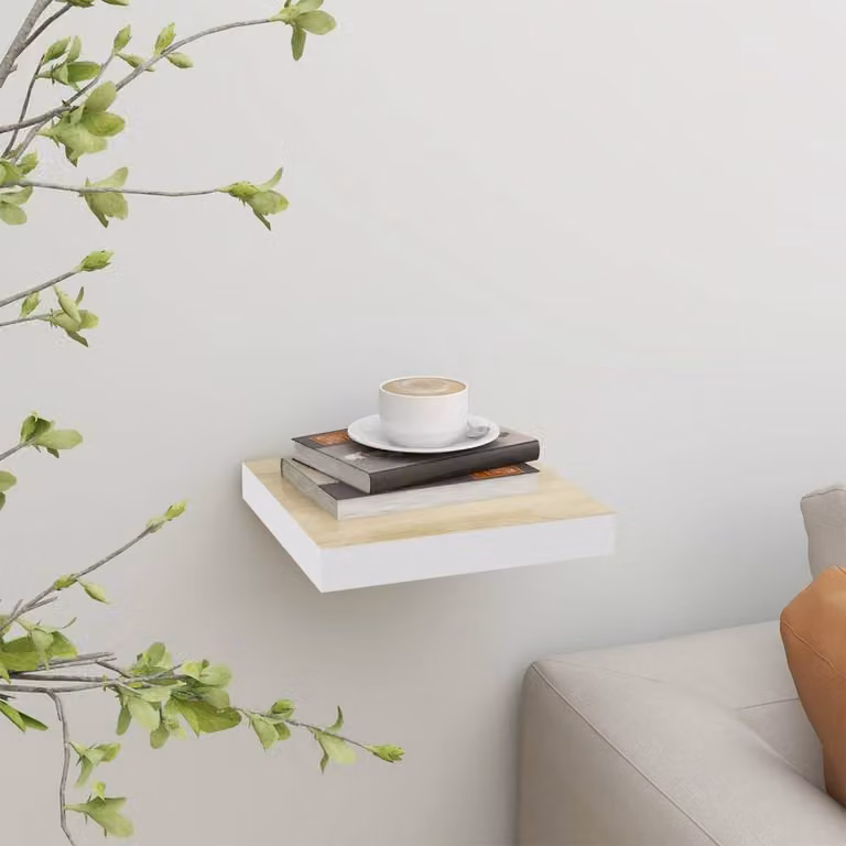 Berkfield Home Durable Floating Wall Shelf in Light Oak and White, W/D/H: 23 x 23.5 x 3.8 cm