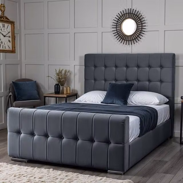 UK Bed Furniture Orlando Modern Upholstered Bed with Geometric Fabric Frame in Anthracite Grey, W/D/H: 200 x 200 cm – 1