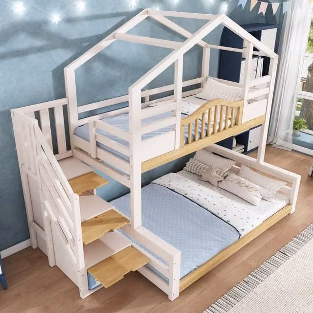 Merax White Childrens House Bunk Bed with Storage Stairs and Side Compartments, W/D/H: 140 x 140 x 206 cm
