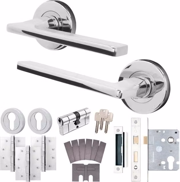 AFIT Chrome Fire Door Handle Set with Euro Lock Cylinder, Latch, and Hinges in Silver – 1