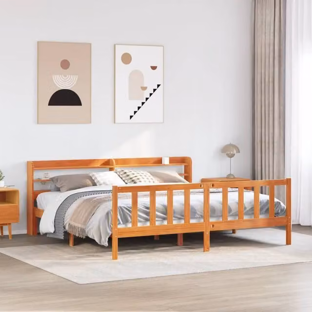 Berkfield Home Solid Pine Bed Frame with Headboard and Side Compartments in Wax Brown, 200 x 200 cm