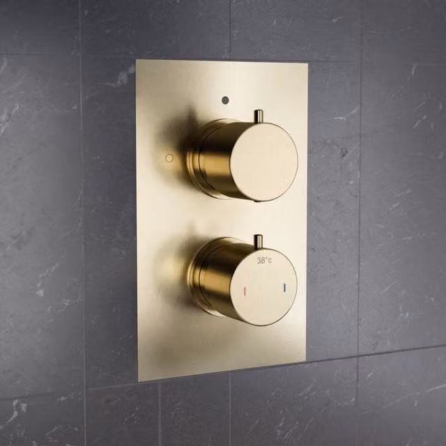 Nes Home Brushed Brass Gold 2 Dial 2 Outlet Concealed Thermostatic Shower Valve W: 29.6 cm, H: 23.0 cm, D: 29.6 cm – 1