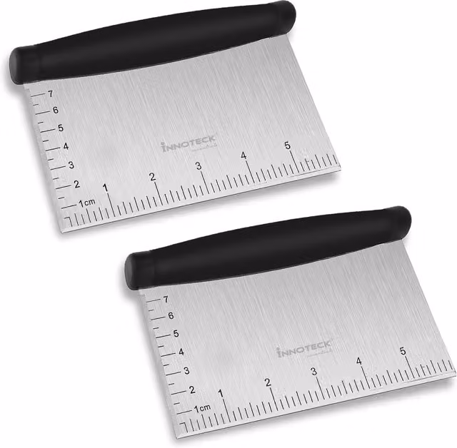 Innoteck Stainless Steel Dough Scraper Pack of 2 with Measuring Marks and Rubber Handle, Silver