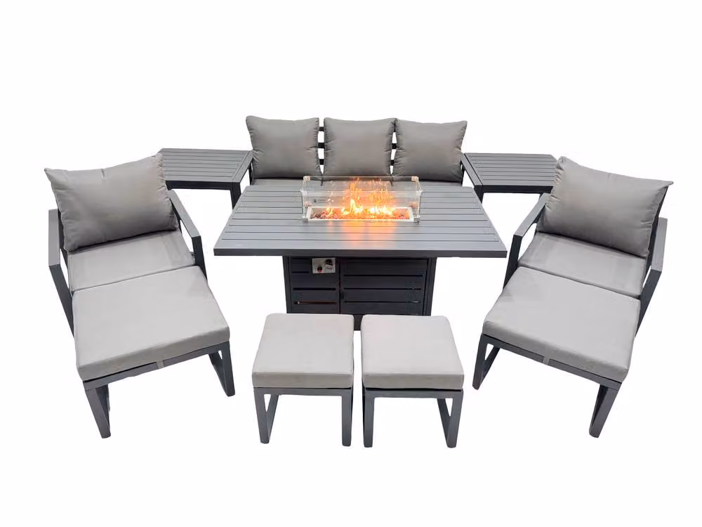 Fimous 9 Seat Aluminium Gas Fire Pit Table Set in Dark Grey with Upholstered Outdoor Sofa, Coffee Table, Ottoman and Side Trays – 2