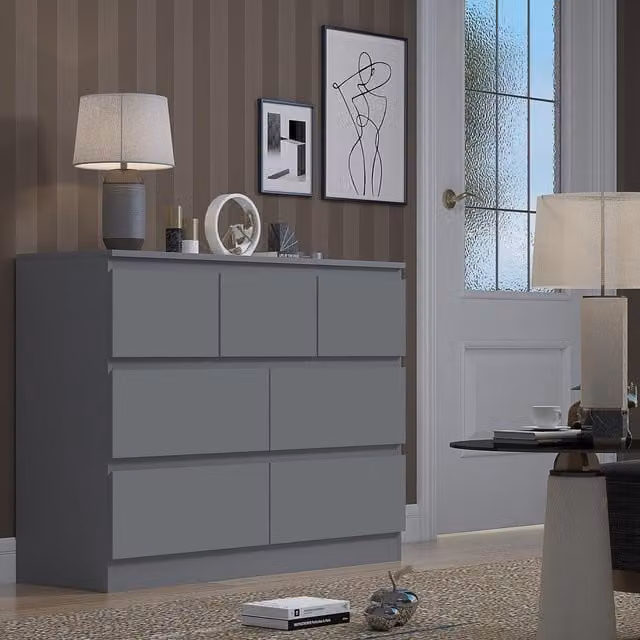 FWStyle Dark Grey Modern Chest of Drawers with 7 Drawers and Central Runners