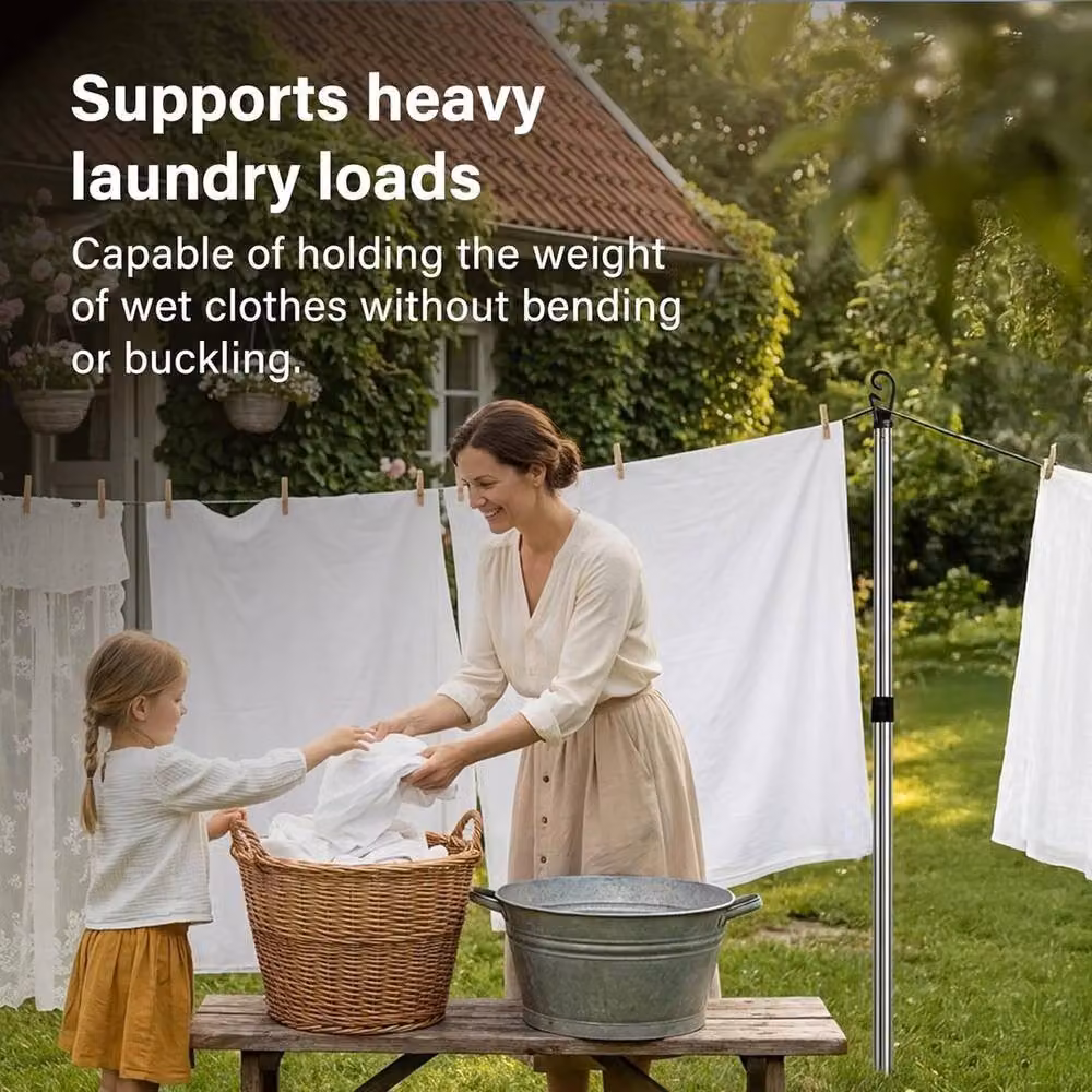 FLAVORA Silver Stainless Steel Freestanding 2 Pole Laundry Washing Line Support – 4