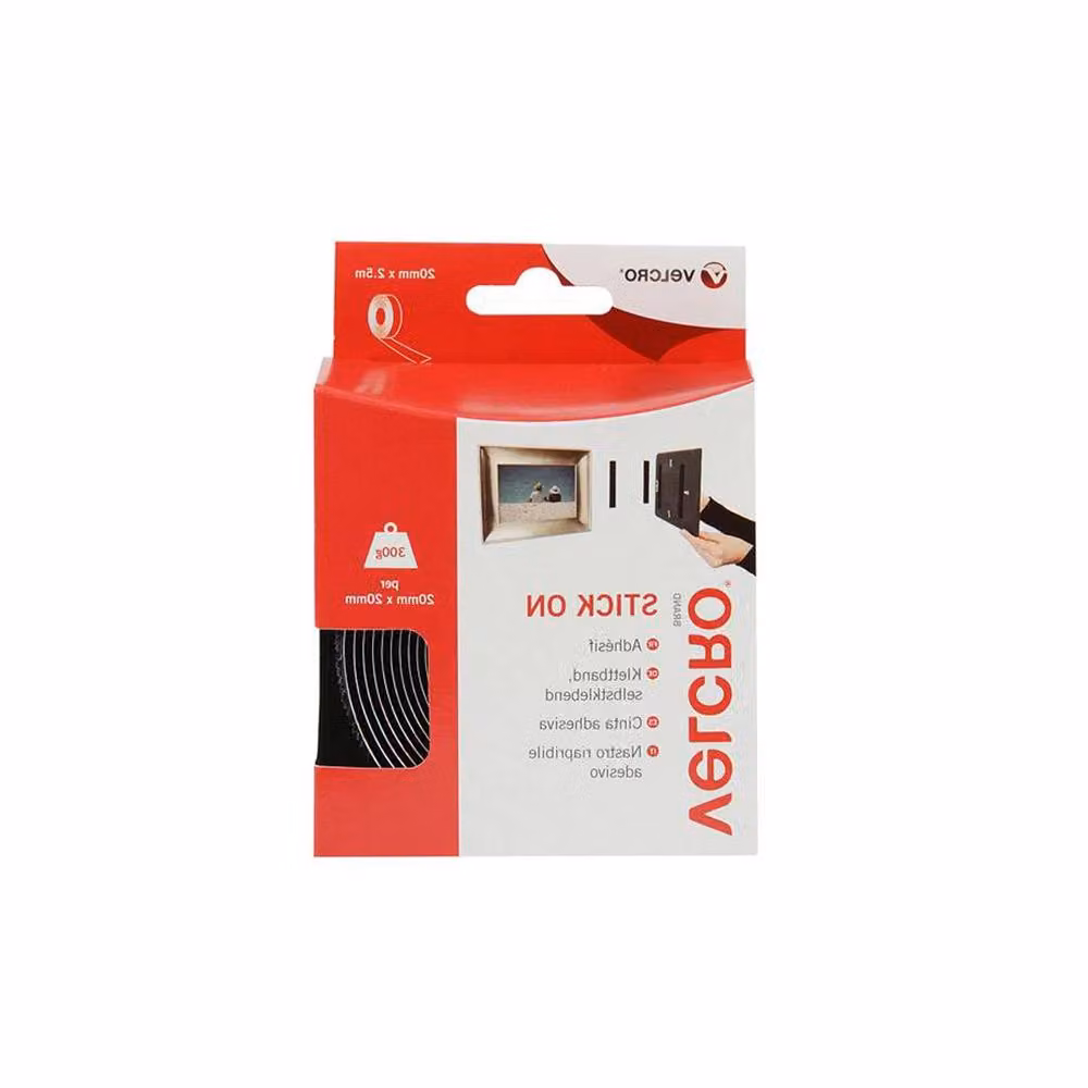 VELCRO Brand Black Double Sided Stick On Hook and Loop Tape, W/D/H: 20 mm x 2.5 m – 7